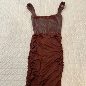 ASOS Design pu corset slinky ruched midaxi dress in Chocolate